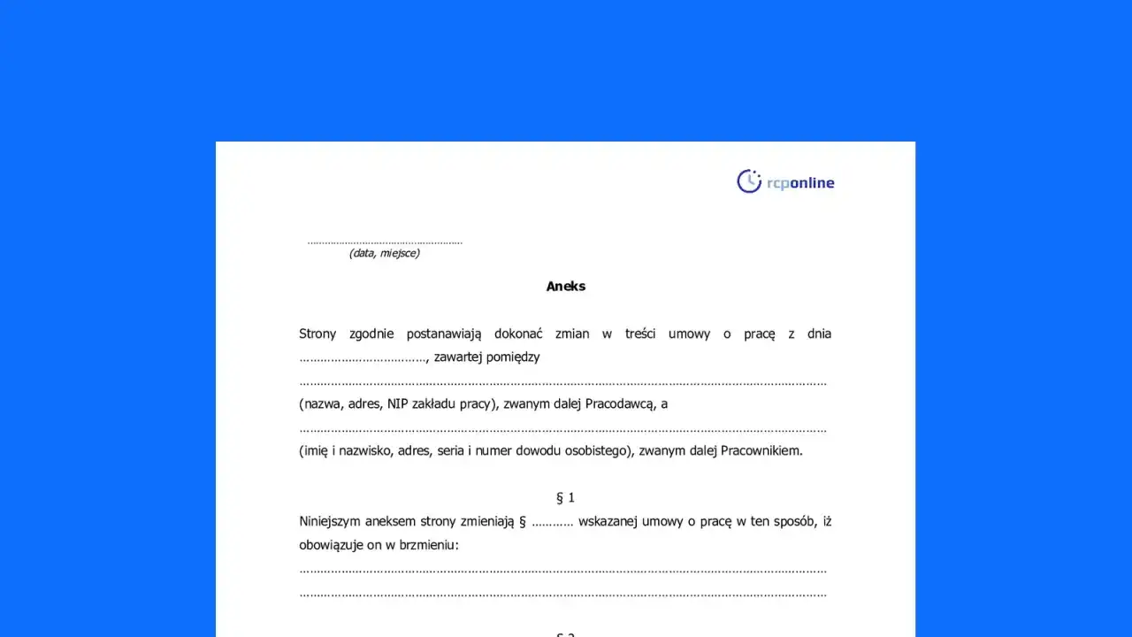Aneks do umowy o pracę. Dokument zawiera dane pracodawcy i pracownika oraz postanowienia dotyczące zmian w umowie.