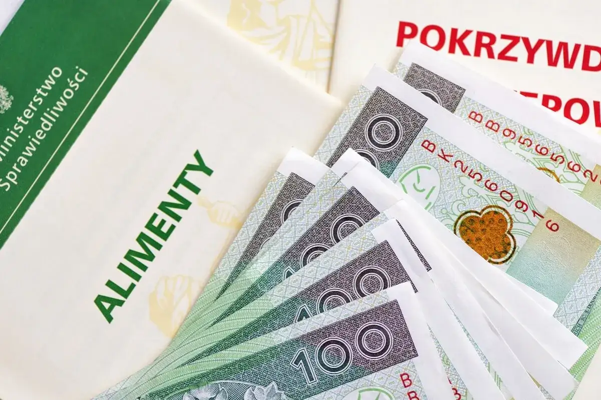 Dokumenty dotyczące alimentów i pieniądze, nawiązujące do art. 209 par. 1 kk.