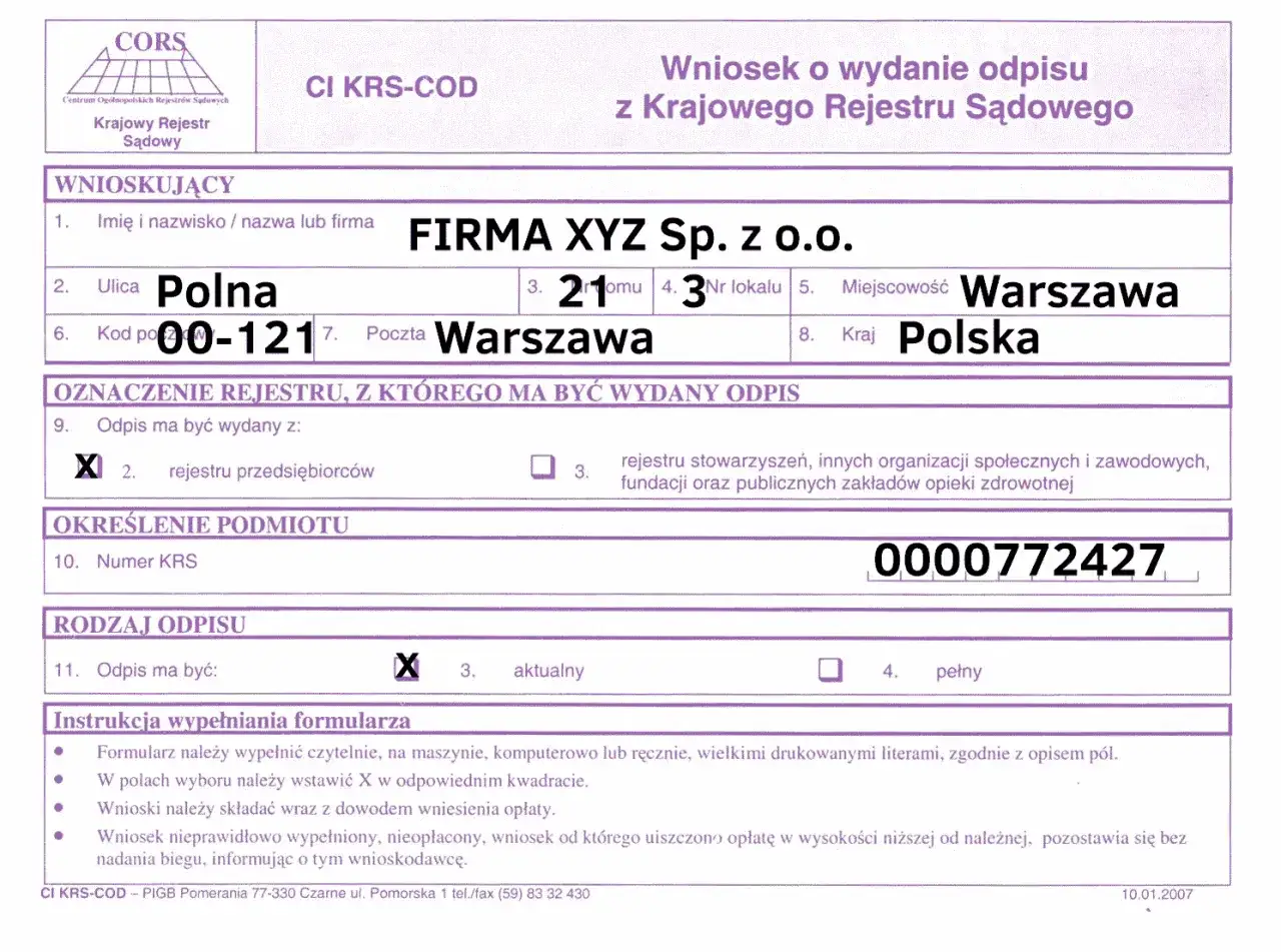 Przykład odpisu KRS z zaznaczonym sądem rejestrowym