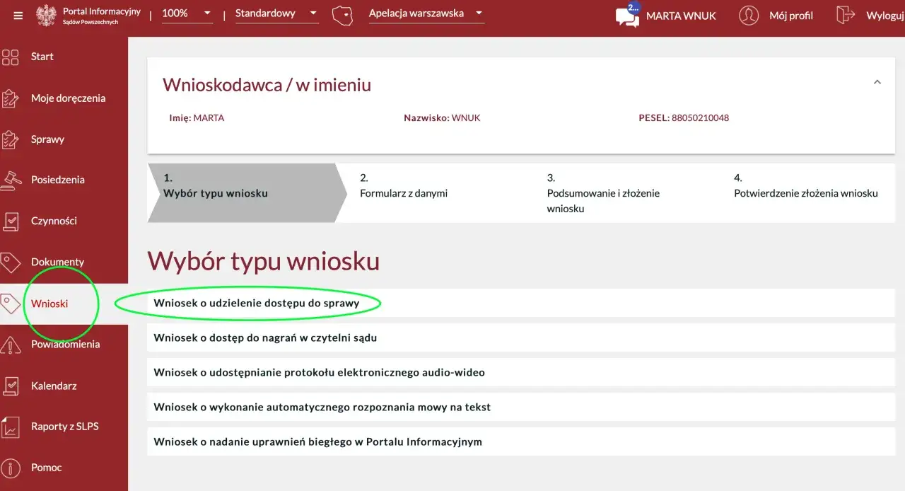 Portal Informacyjny Sąd&oacute;w Powszechnych interfejs