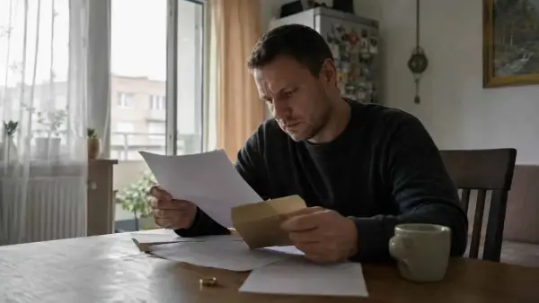 Mężczyzna czyta dokumenty, przygotowując się do rozwodu krok po kroku. Na stole leży obrączka.