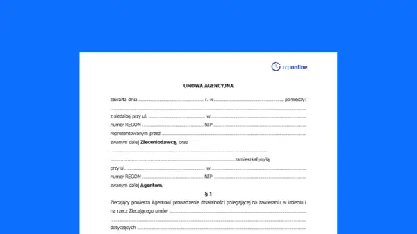 Umowa agencyjna z logo rcponline. Dokument zawiera pola do wypełnienia danych stron umowy, w tym Zleceniodawcy i Agenta.