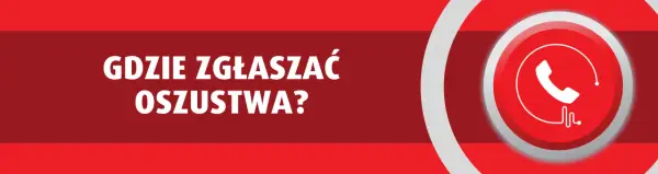 Gdzie zgłosić oszustwo internetowe? Biały symbol słuchawki telefonicznej na czerwonym tle.