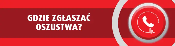 Gdzie zgłosić oszustwo internetowe? Biały symbol słuchawki telefonicznej na czerwonym tle.