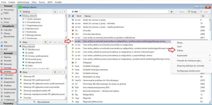 Nadgodziny ile płatne? W programie można edytować definicje zdarzeń, np. "Czas wolny płatny na wniosek pracownika za nadgodziny z przekroczenia średniotygodniowej normy".